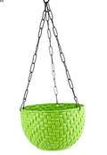 GoHooked lime green round plastic hanging planter with woven texture and black chain.