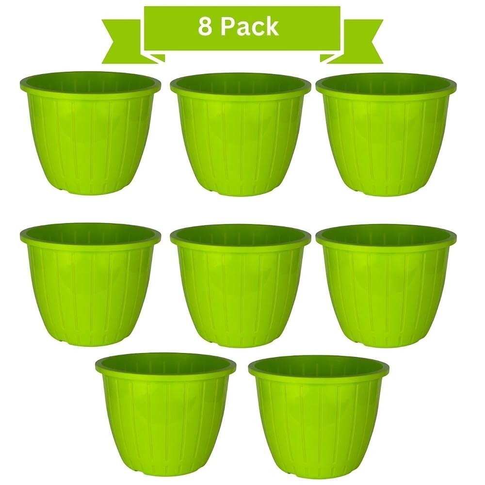 GoHooked 8 pack lime green plastic planter pots with vertical ribbing detail. Ideal for indoor/outdoor use.