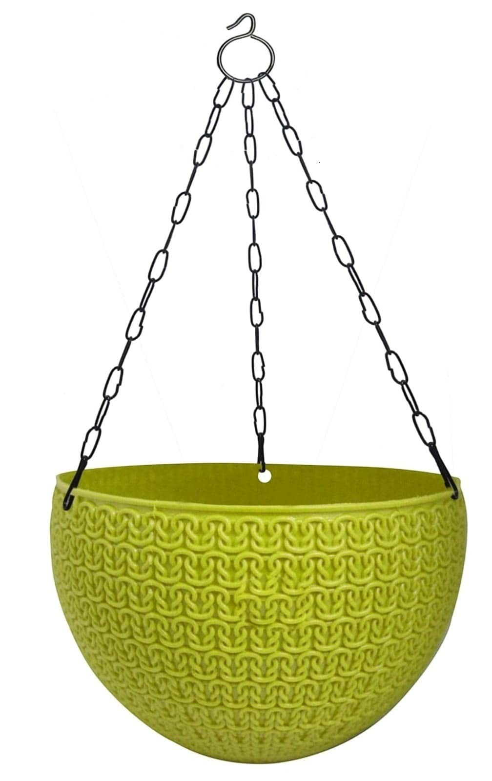 GoHooked lime green round plastic hanging planter with woven texture and metal chain. Set of 7.