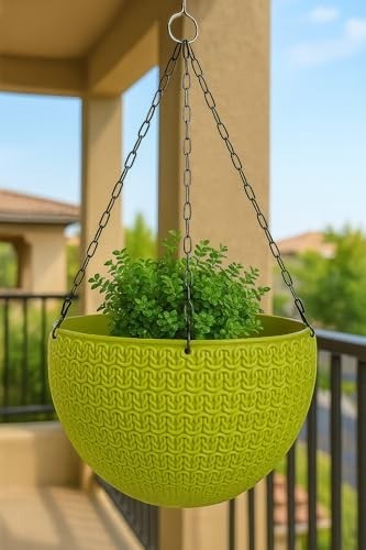 GoHooked lime green round plastic hanging planter with woven texture and metal chain, 7.5 inch diameter
