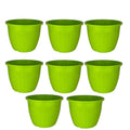 GoHooked 8 pack of lime green plastic planter pots with vertical ribbing. Ideal for indoor or outdoor use.