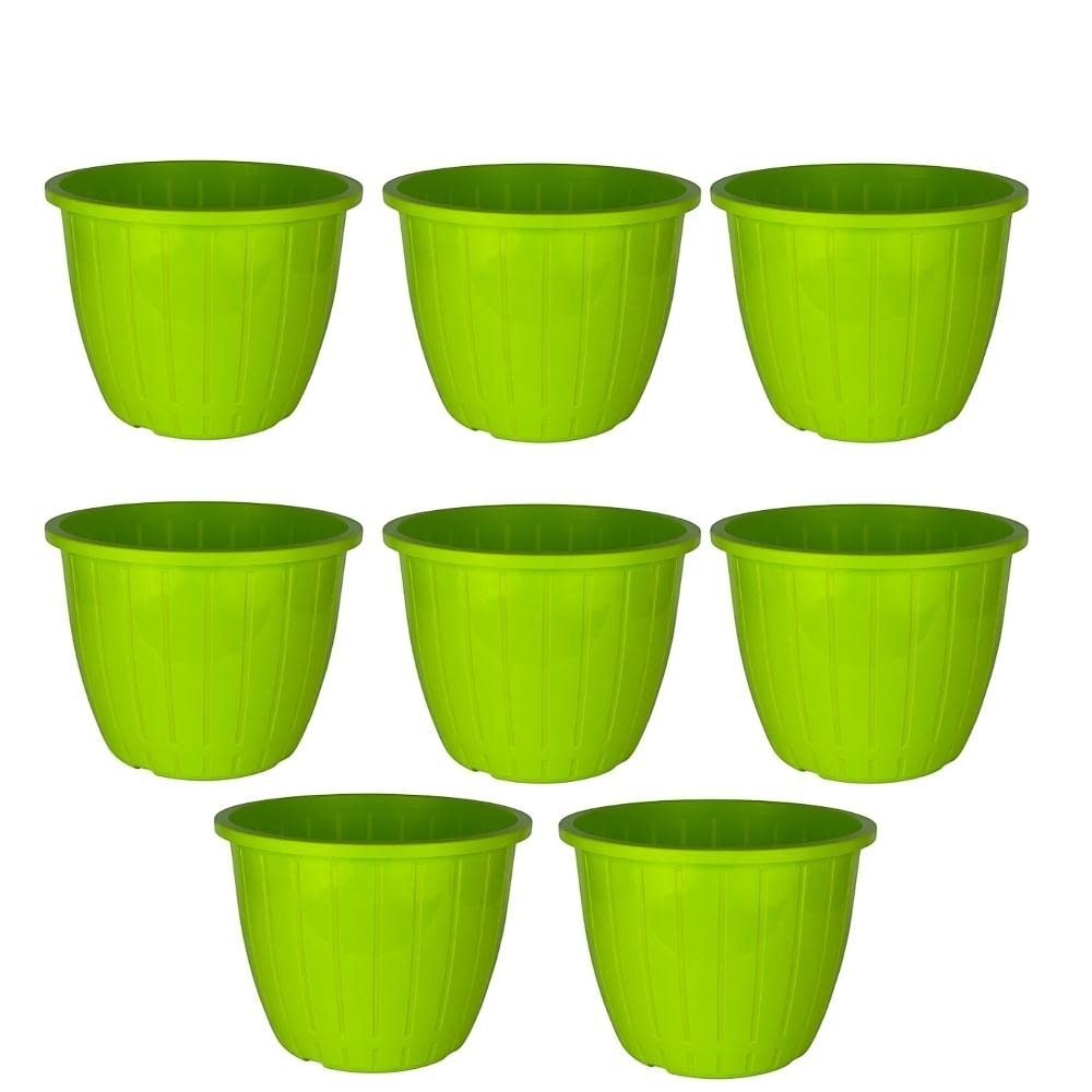 GoHooked 8 pack of lime green plastic planter pots with vertical ribbing. Ideal for indoor or outdoor use.