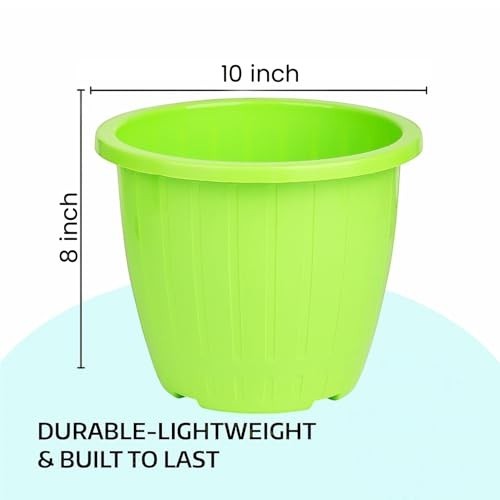 GoHooked 8 pack lime green plastic planter pots, 10 inch diameter, 8 inch height, with vertical ribbing.