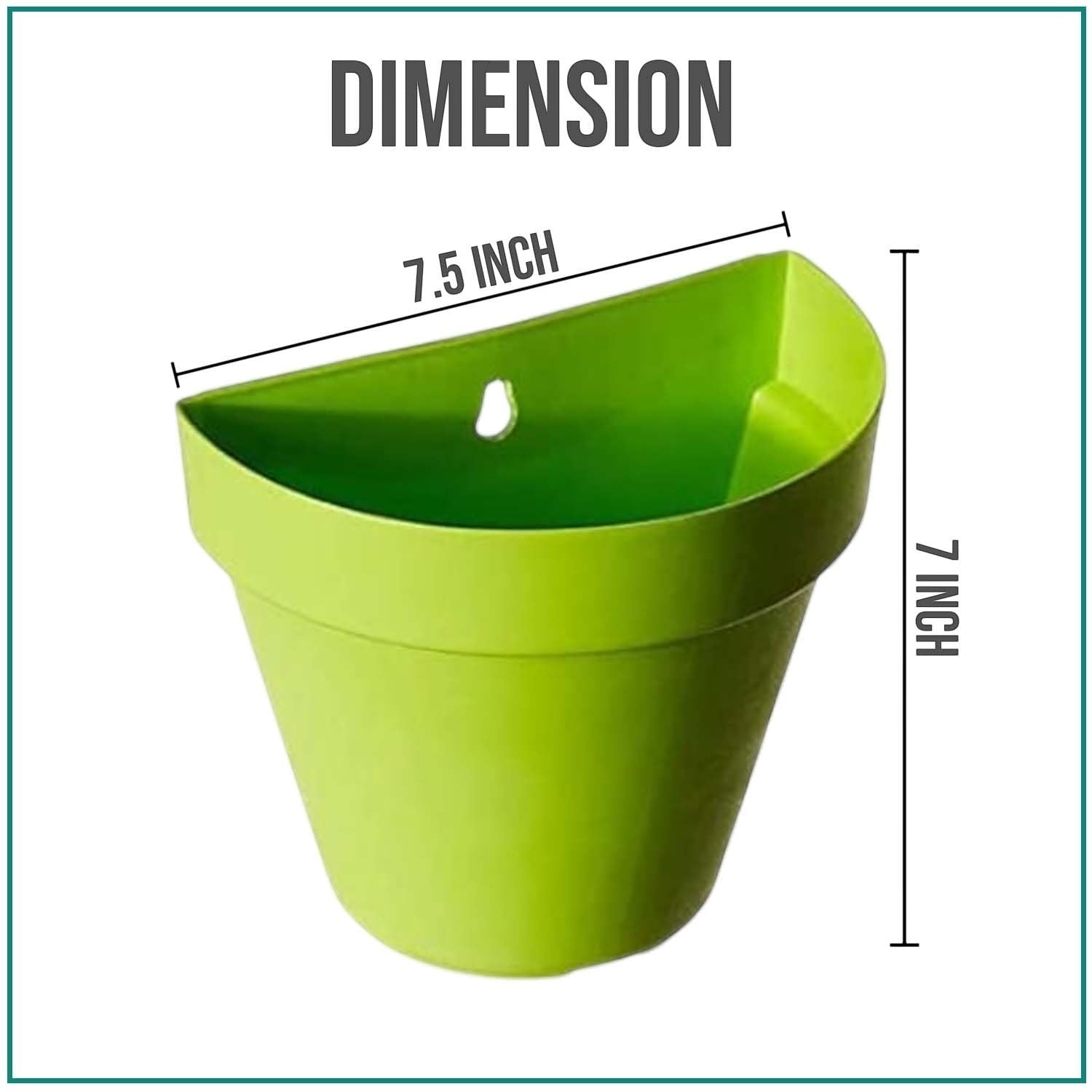 GoHooked lime green plastic wall mounted flower pot, 7.5 inch wide, 7 inch tall, with hanging hole.
