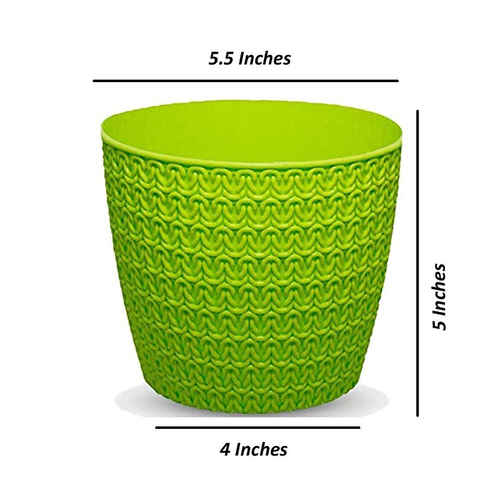 GoHooked lime green plastic planter pot with textured woven design, 5.5" top, 4" bottom, 5" height.
