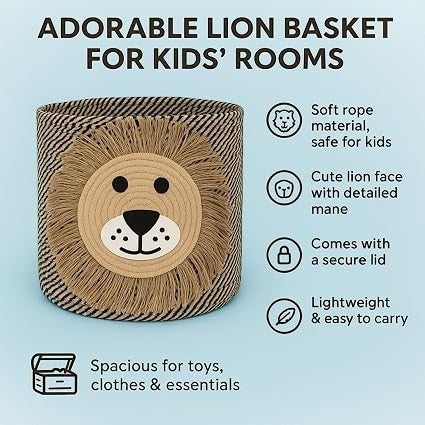 GoHooked cotton rope storage basket for kids featuring a cute lion face design with a textured mane and lid