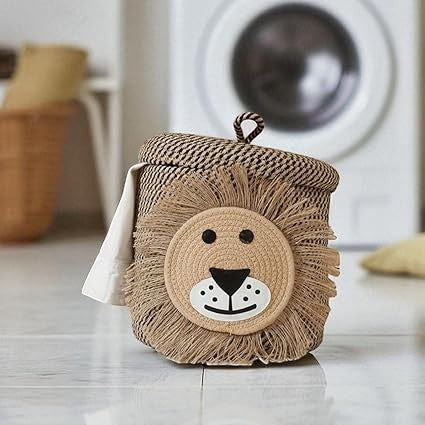 GoHooked cotton rope storage basket featuring a cute lion face design with a removable lid for nursery organization.