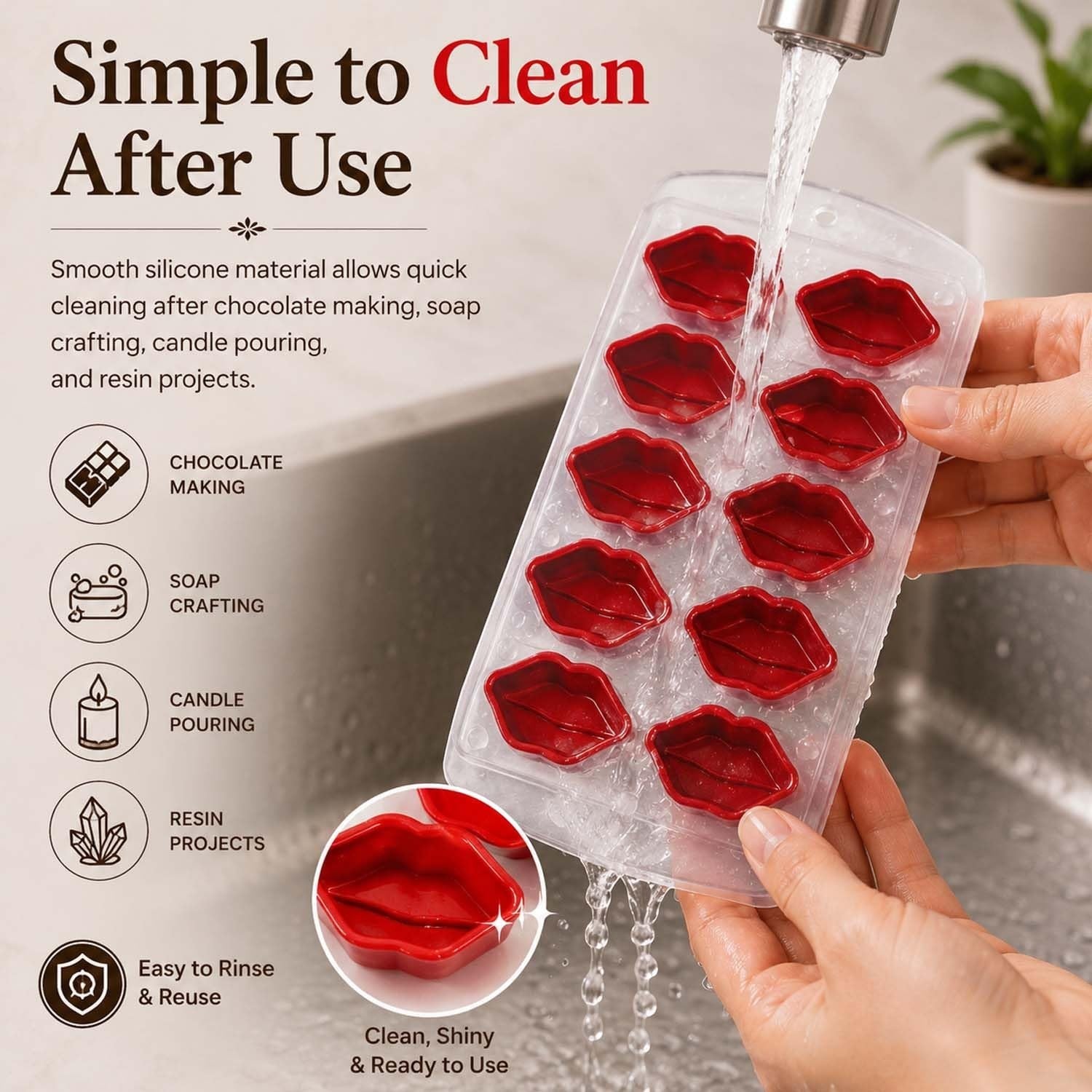 GoHooked silicone chocolate mold with 10 lip-shaped cavities being rinsed under a kitchen faucet