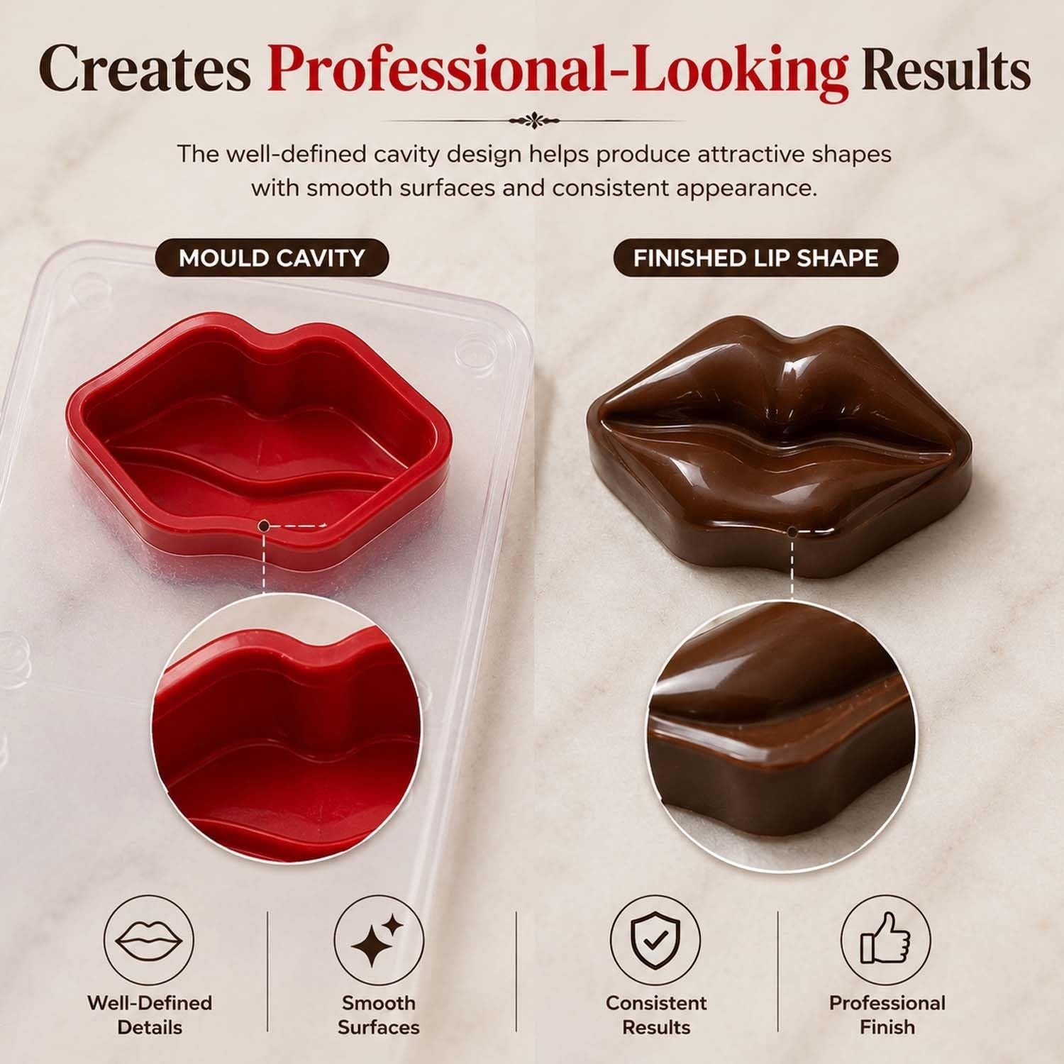 GoHooked silicone chocolate mold with 10 lip-shaped cavities for creating professional-looking candy and treats.