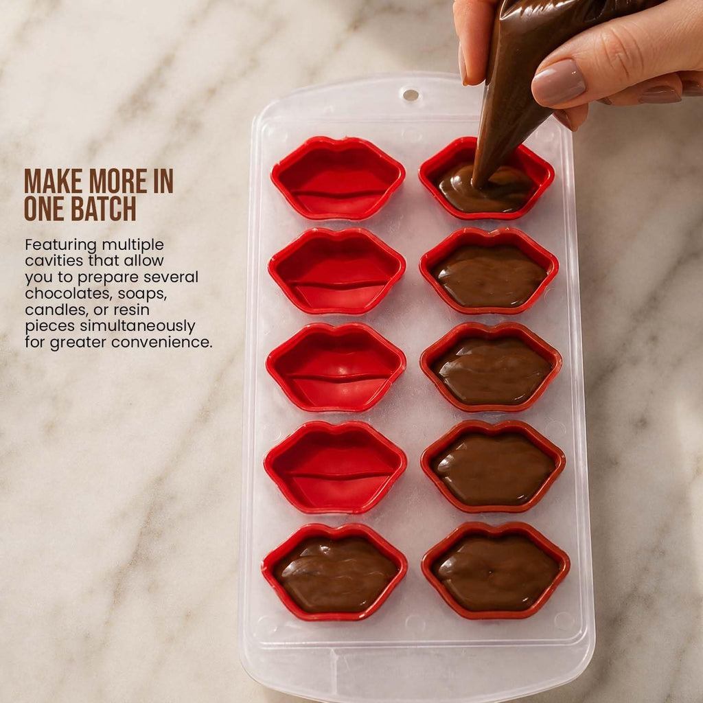 GoHooked 10-cavity red silicone lips chocolate mold being filled with melted chocolate for homemade treats.