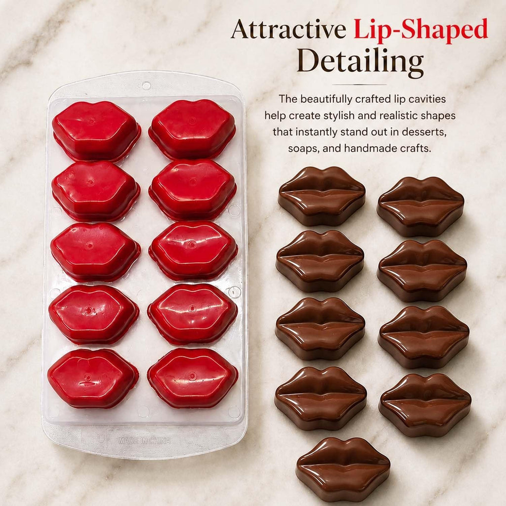 GoHooked 10-cavity red silicone mold for making lip-shaped chocolates, candies, and dessert decorations.