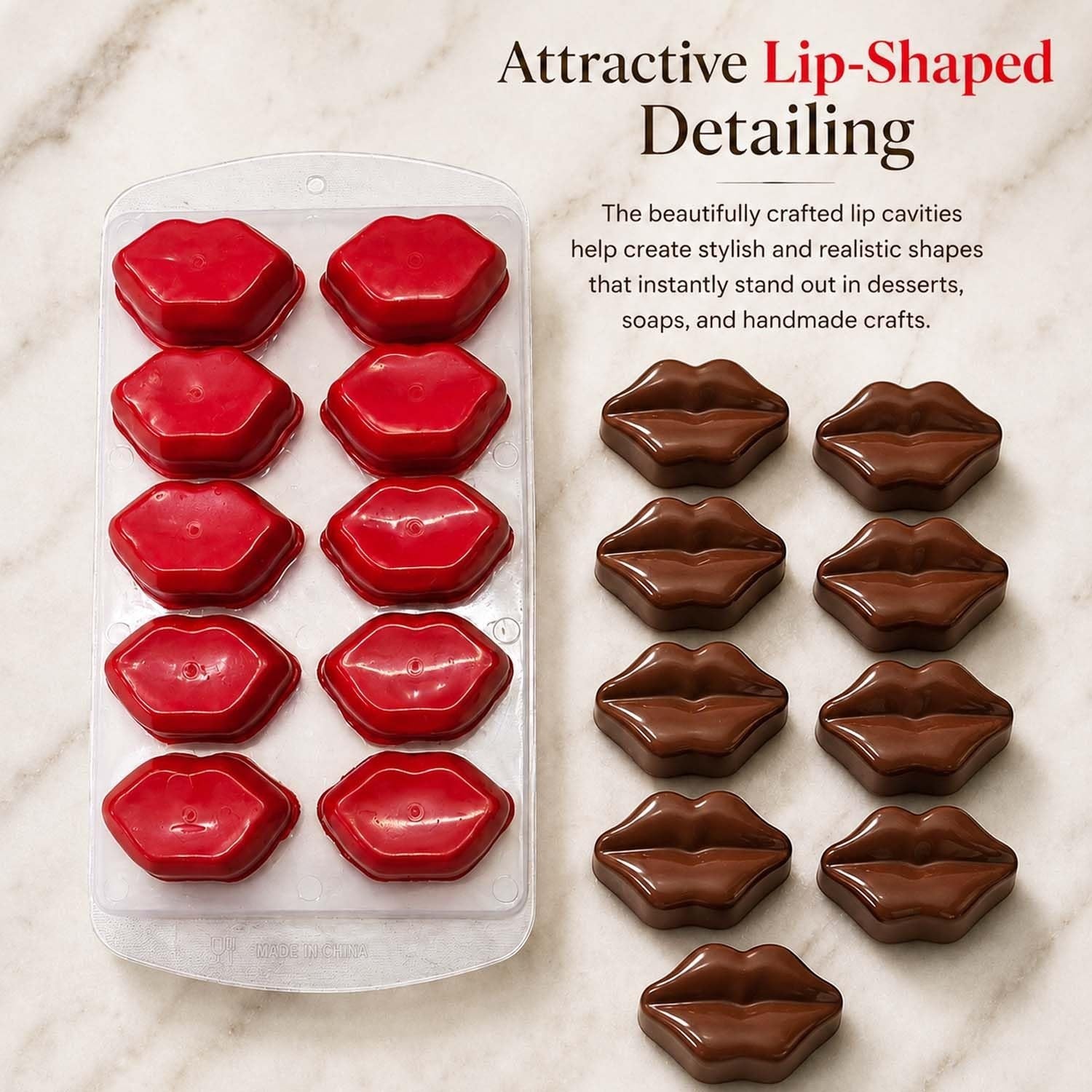 GoHooked 10-cavity red silicone mold for making lip-shaped chocolates, candies, and dessert decorations.