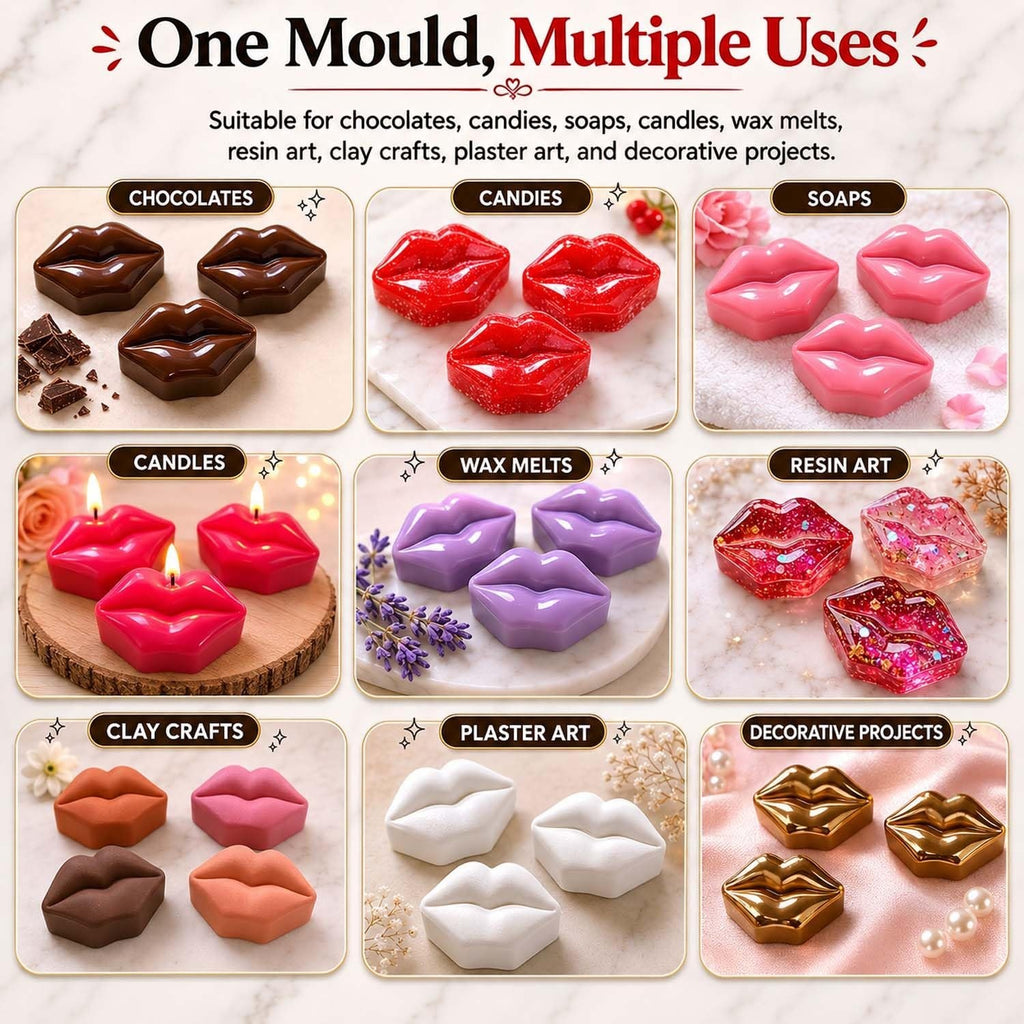 GoHooked 10-cavity silicone lips mold showcasing versatile uses like chocolates, candles, soaps, and resin crafts.