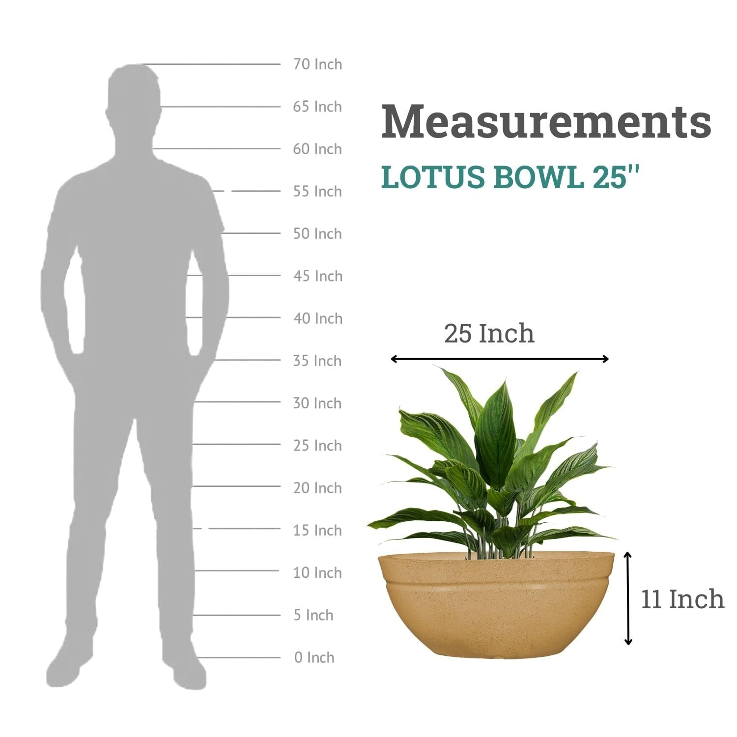 GoHooked Lotus Bowl 25 inch brown polymer planter with drainage option. Shows scale against a human silhouette.