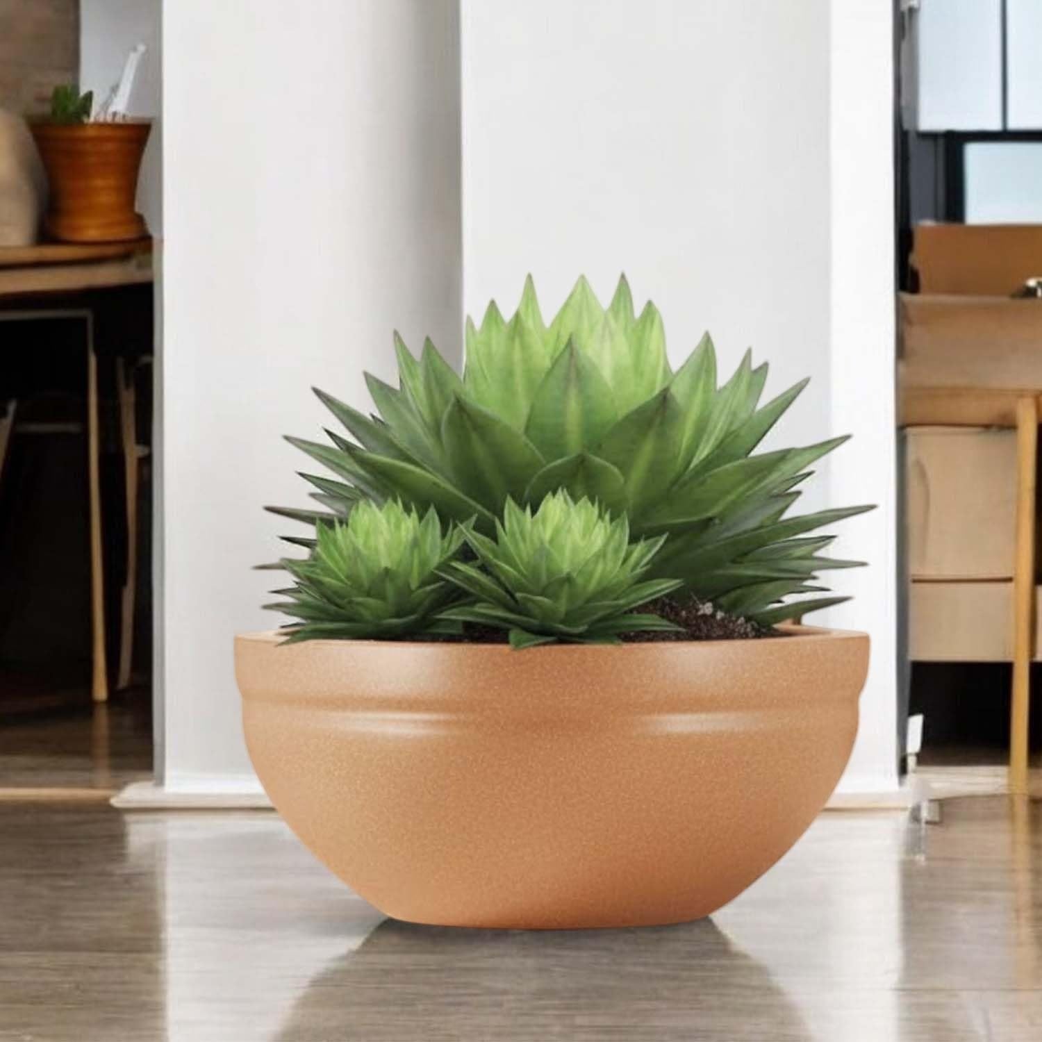 GoHooked Lotus Bowl 31 inch terracotta polymer planter with drainage hole, perfect for indoor or outdoor plants.