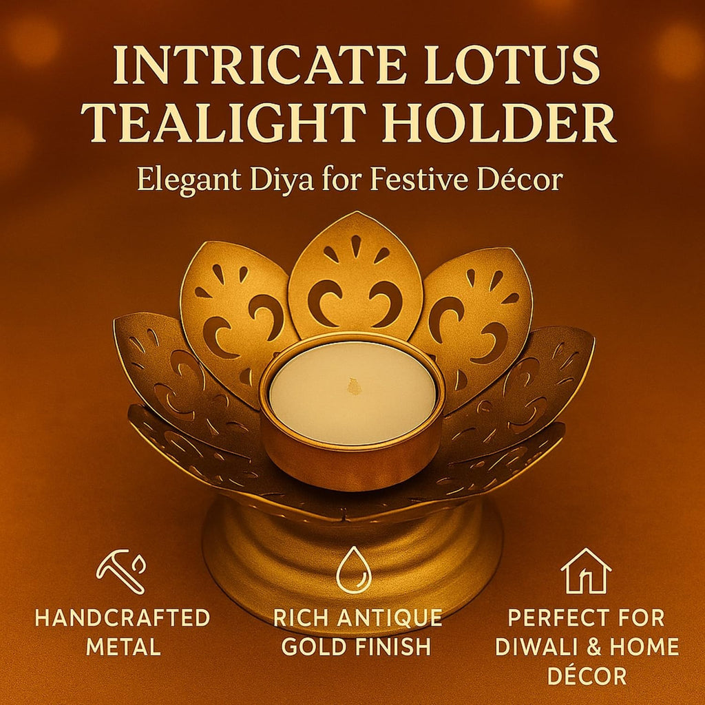 GoHooked handcrafted metal lotus tealight holder in antique gold finish, perfect for Diwali and home decor.