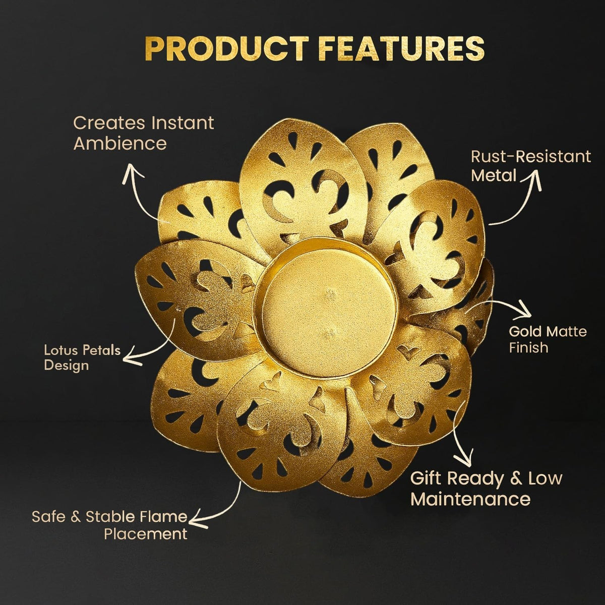 GoHooked matte gold lotus tealight holder, set of 2, made of rust-resistant metal with intricate cut-out petals.