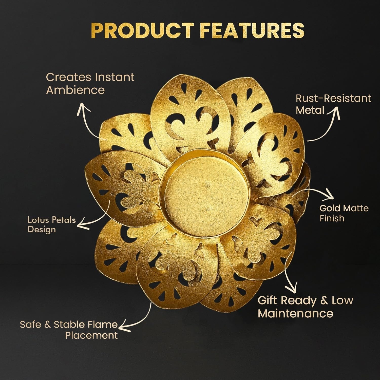 GoHooked matte gold lotus tealight holder with intricate cutouts, made of rust-resistant metal. Set of 3.