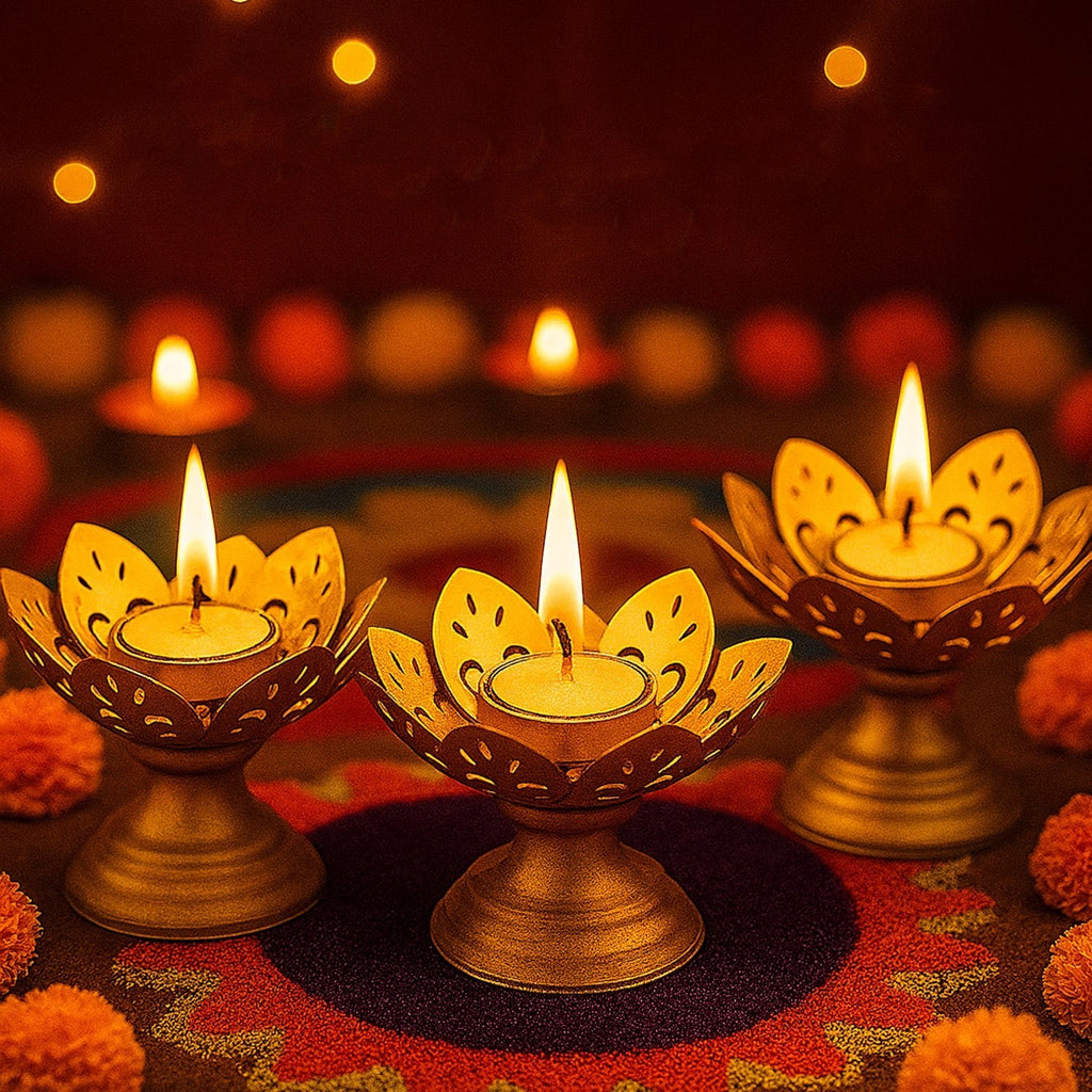 GoHooked set of 2 matte-gold metal lotus tealight holders with intricate laser-cut petals and stable bases.