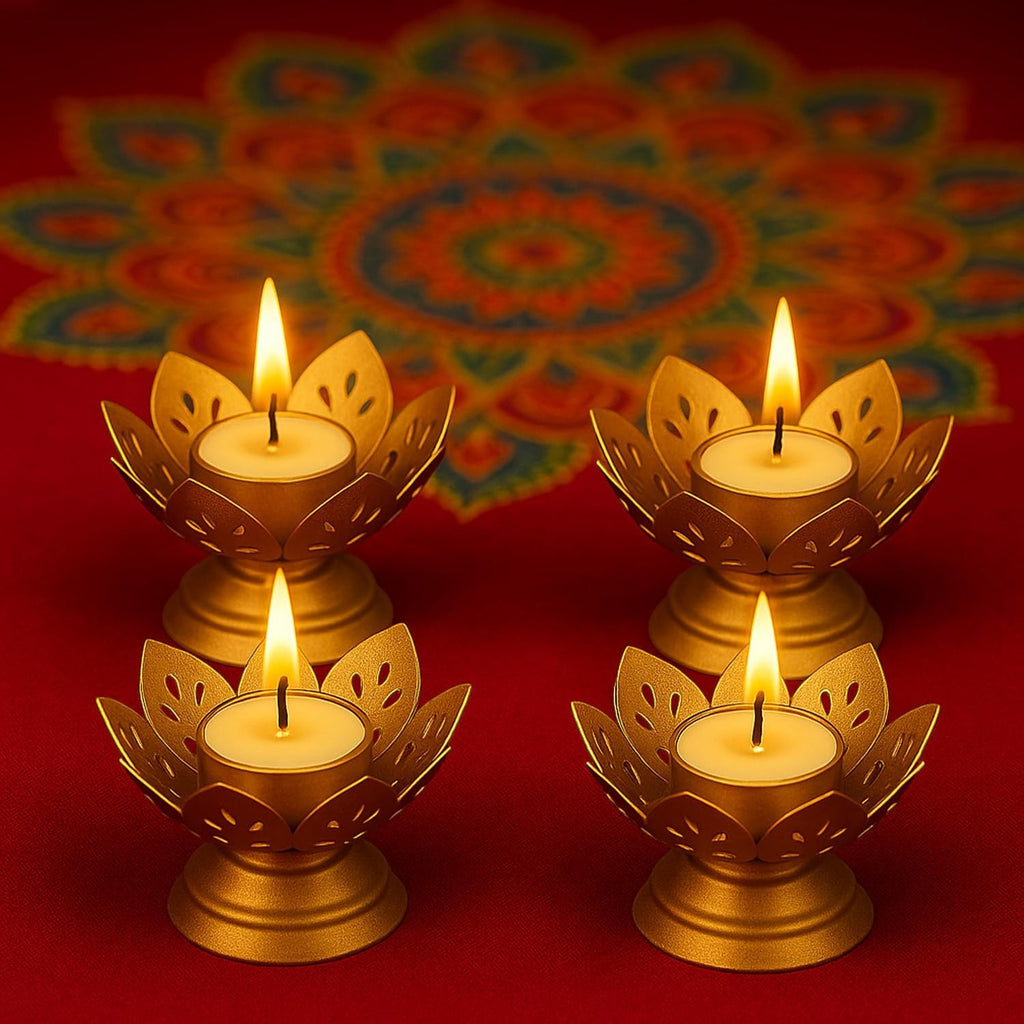 GoHooked set of 4 matte gold metal lotus tealight holders with lit candles, perfect for Diwali decor.