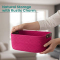 GoHooked magenta rectangular cotton rope storage basket with PU leather handles