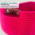 GoHooked magenta rectangular cotton rope storage basket with brown PU leather handles.