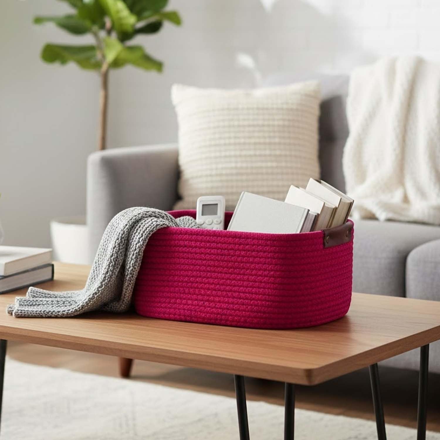 GoHooked magenta rectangular cotton rope storage basket with PU leather handles, holding books and a remote.