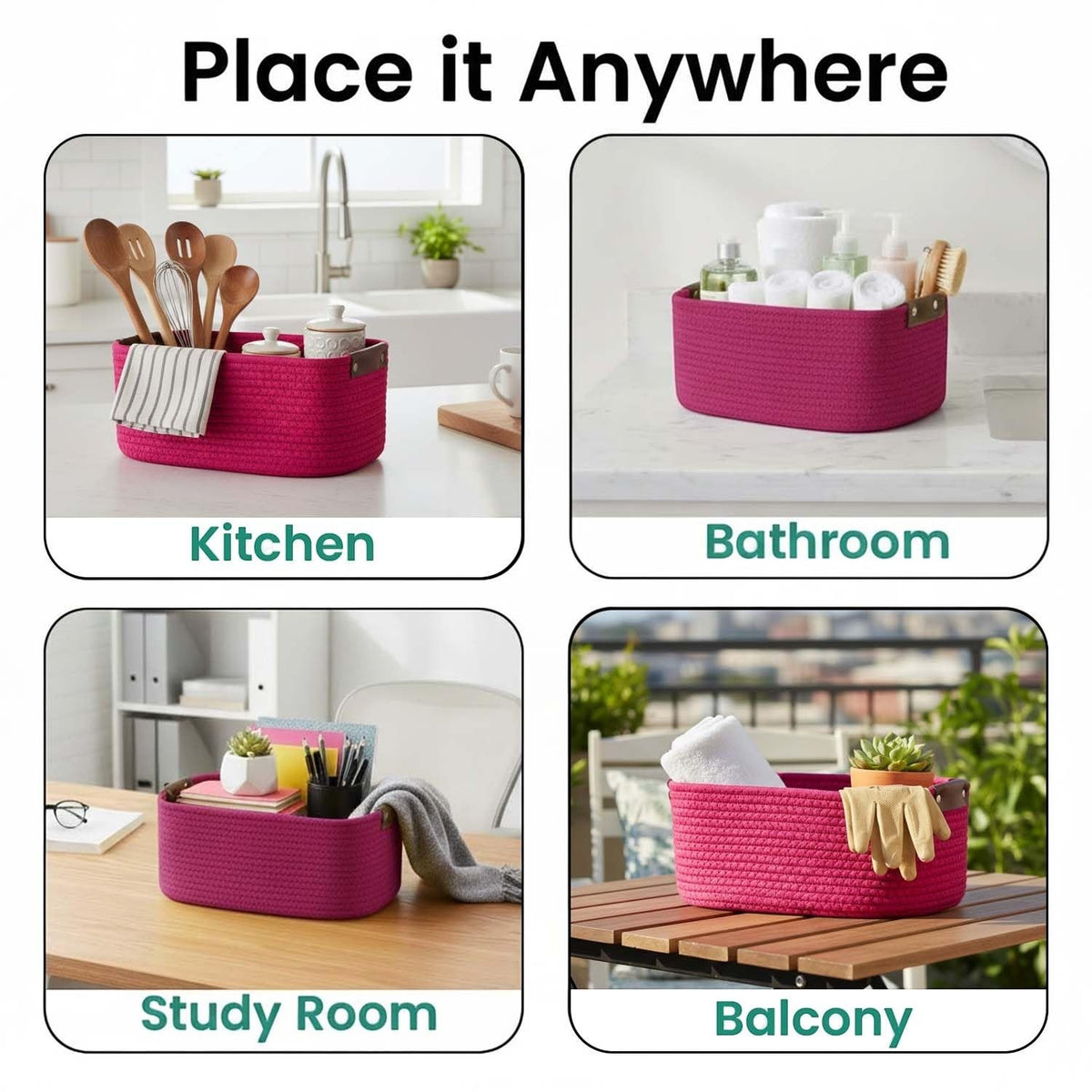 GoHooked magenta rectangular cotton rope storage basket with PU leather handles, perfect for home organization.