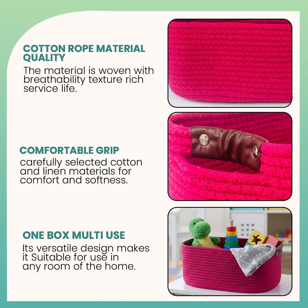 GoHooked magenta rectangular cotton rope storage basket with PU leather handles, ideal for home or office.