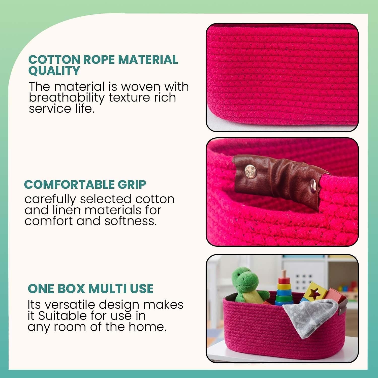 GoHooked magenta rectangular cotton rope storage basket with PU leather handles, ideal for home or office.