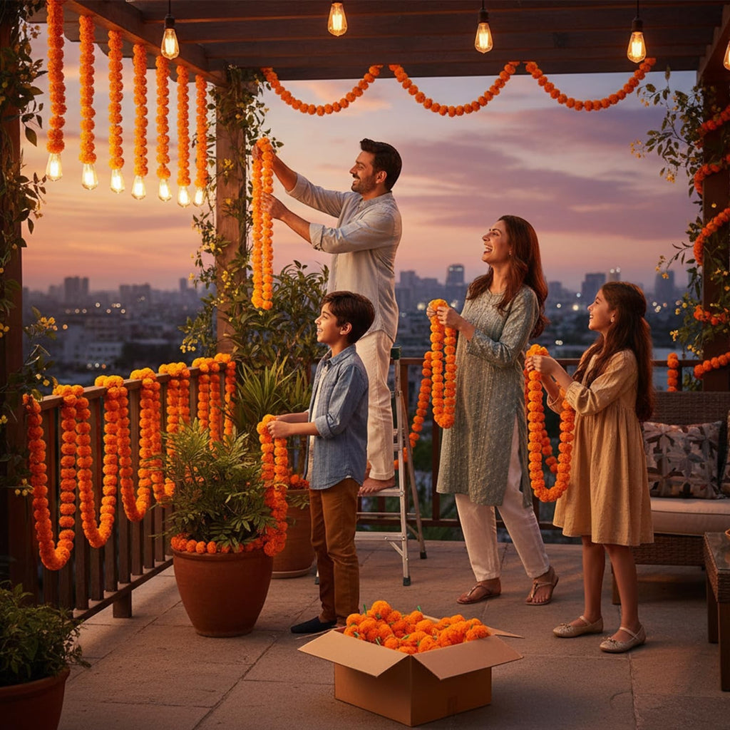 GoHooked family decorating balcony with orange marigold flower garlands for a special occasion.