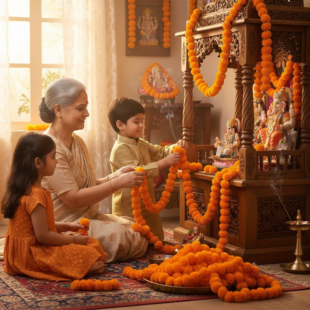 GoHooked orange marigold flower garlands decorating a wooden pooja mandir with a grandmother and two children.