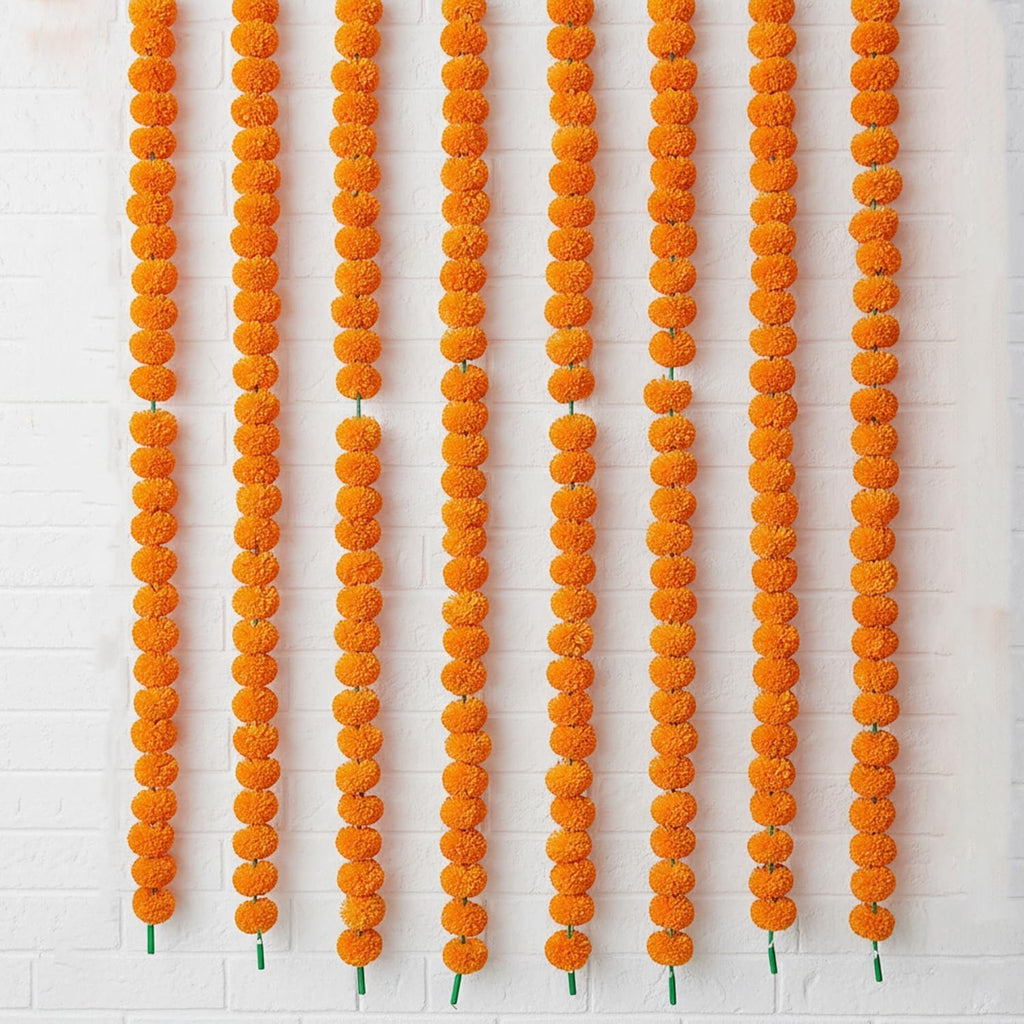 GoHooked Set of 8 orange marigold flower garlands, 4.5 ft each, made of fibre for festive decor.