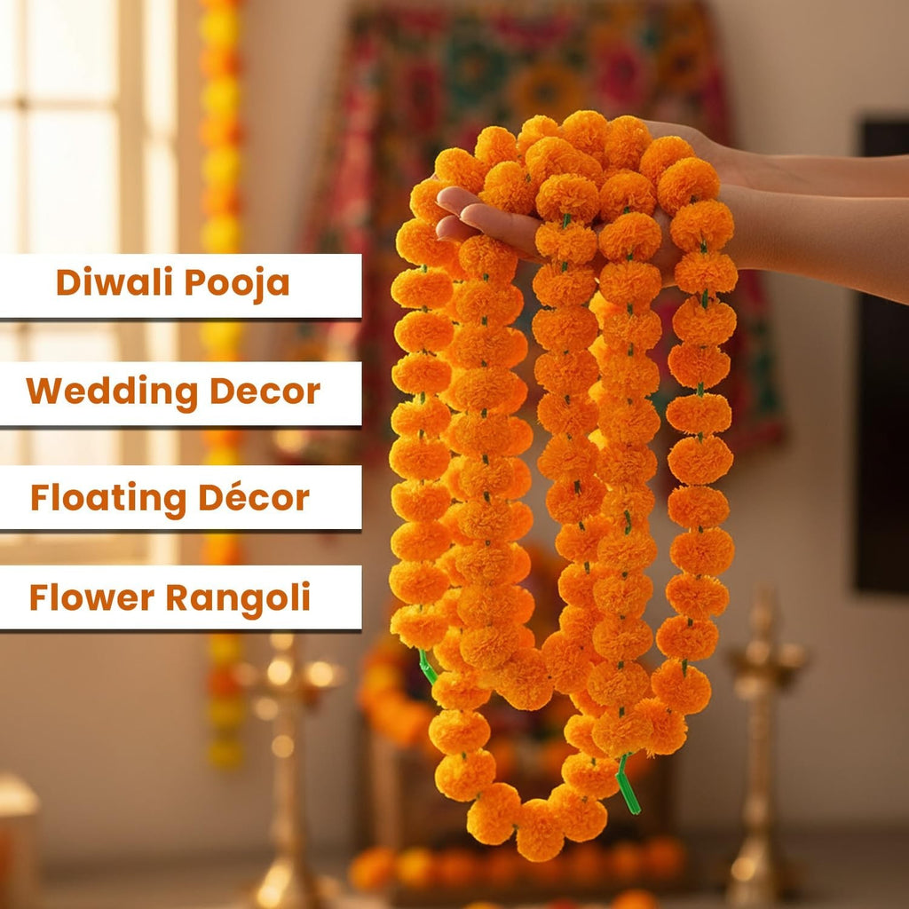 GoHooked set of 8 orange marigold flower garlands, 4.5 ft each, made of fibre for Diwali, weddings, and home decor.