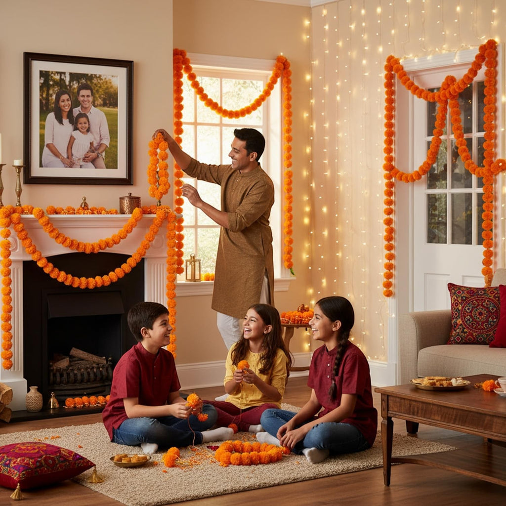 GoHooked orange marigold flower garlands, set of 8, 4.5 ft each, used for festive home decor and pooja.