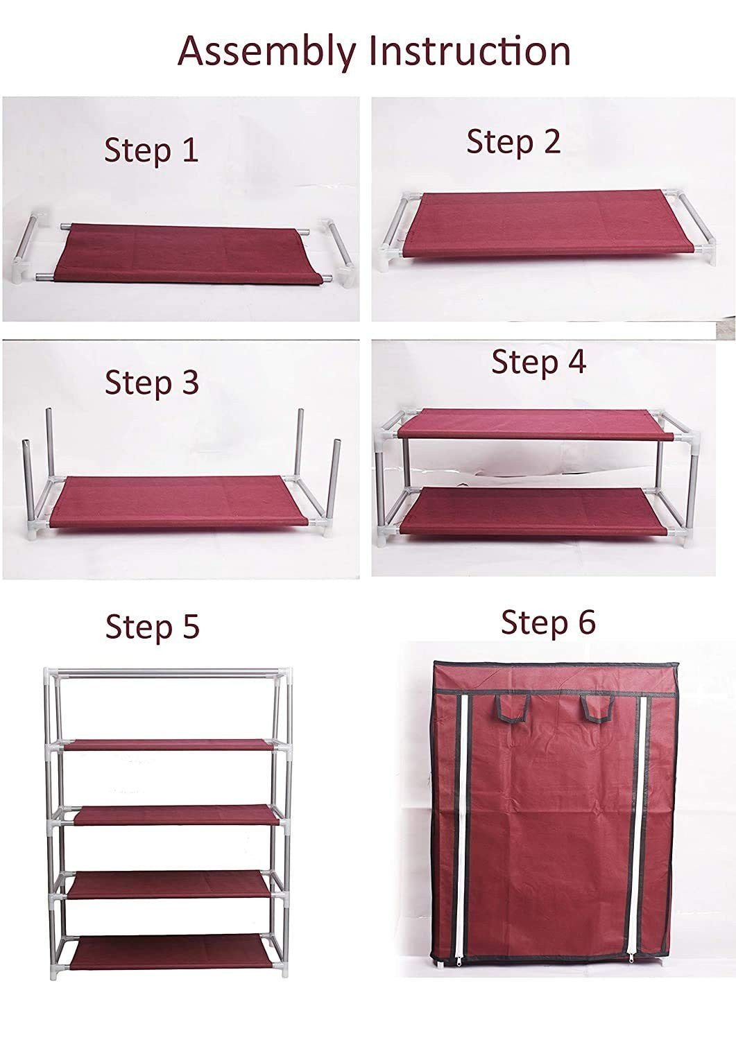 Go Hooked maroon 4-tier folding shoe rack with zippered cover, made of non-woven fabric and plastic.
