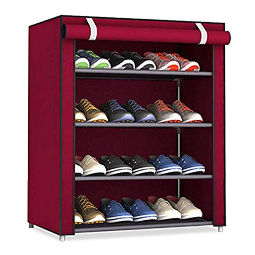 GoHooked maroon 4-tier folding shoe rack with zippered cover, made of non-woven fabric and plastic, holds up to 12 pairs.