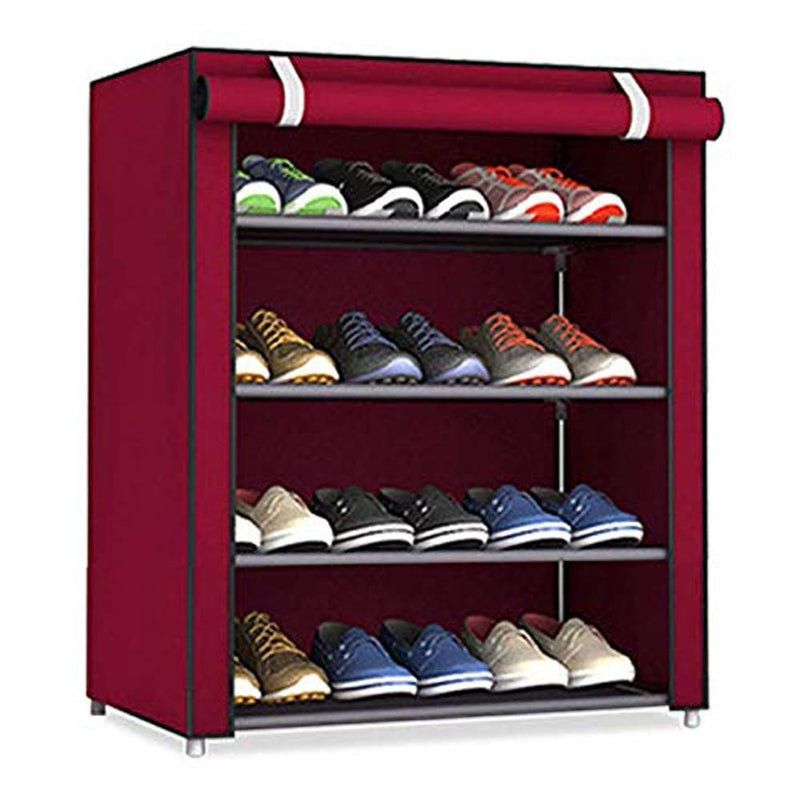 GoHooked maroon 4-tier folding shoe rack with zippered cover, made of non-woven fabric and plastic, holds up to 12 pairs.