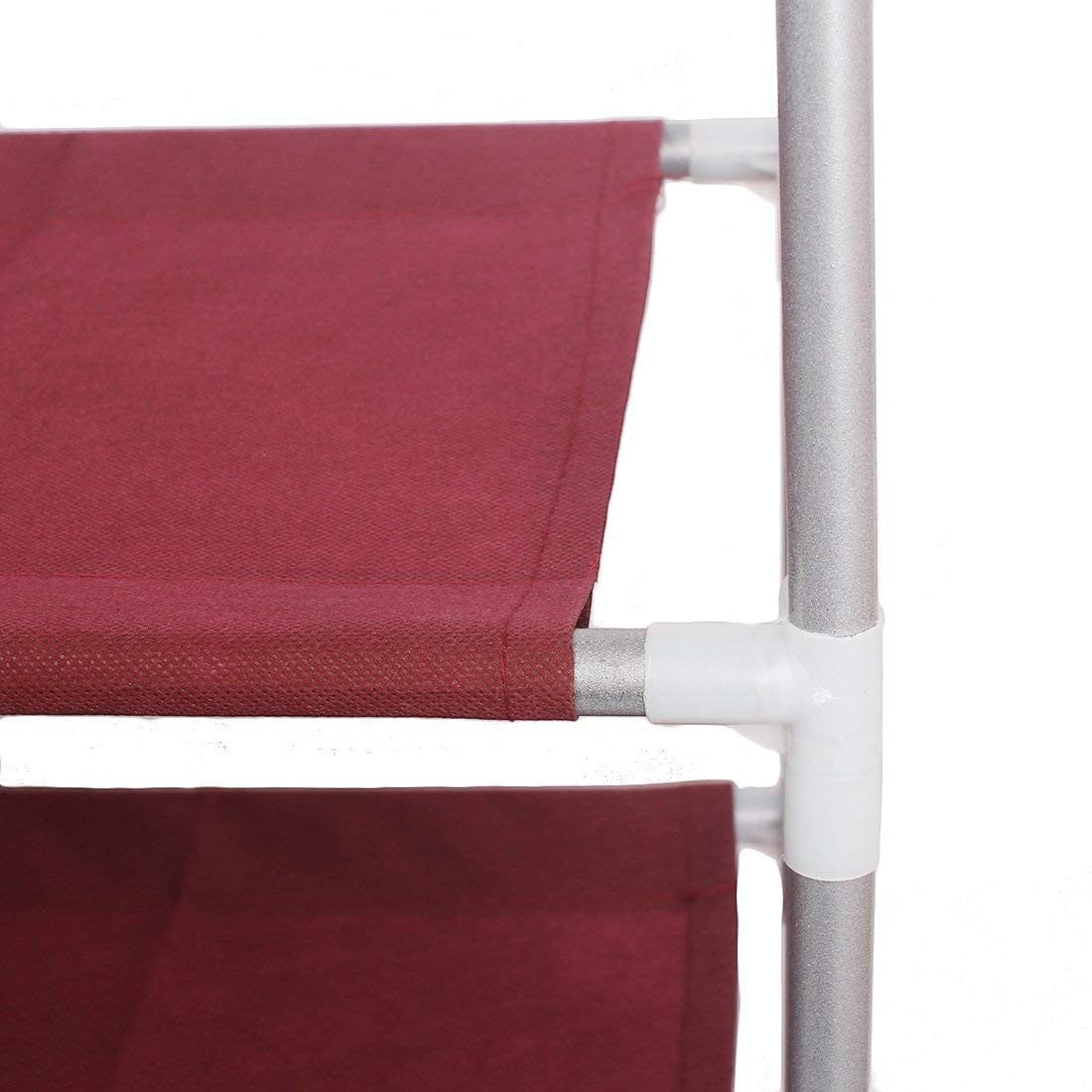 GoHooked maroon 4-tier non-woven fabric shoe rack with metal frame and plastic connectors. Stores up to 12 pairs.