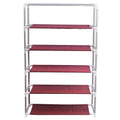 GoHooked maroon 5-tier metal and non-woven fabric shoe rack with zippered cover. Easy assembly.