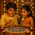 GoHooked matte gold metal figurine tealight holder with two candle trays, displayed with children during Diwali.