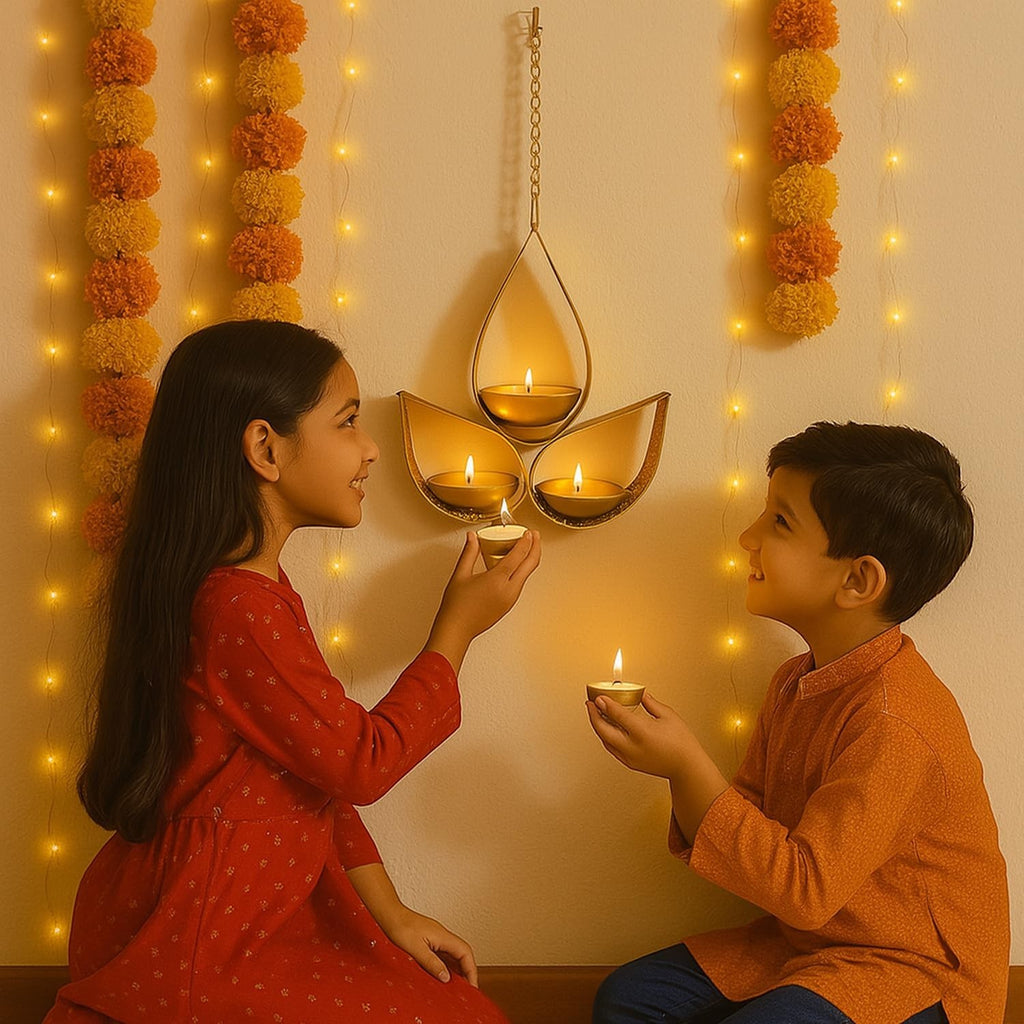 GoHooked matte gold metal hanging tealight candle holder with 3 tear drop trays and chain, set of 2