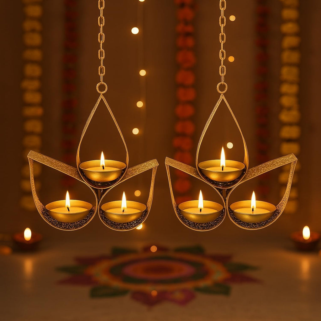 GoHooked matte gold metal hanging tealight candle holder with 3 tear drop trays and chain, set of 2