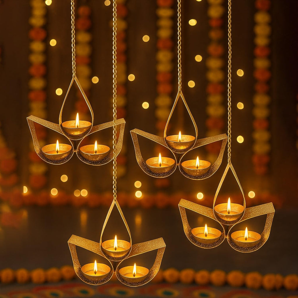 GoHooked matte gold metal hanging tealight candle holder with 3 trays and chain, tear drop design. Set of 4.