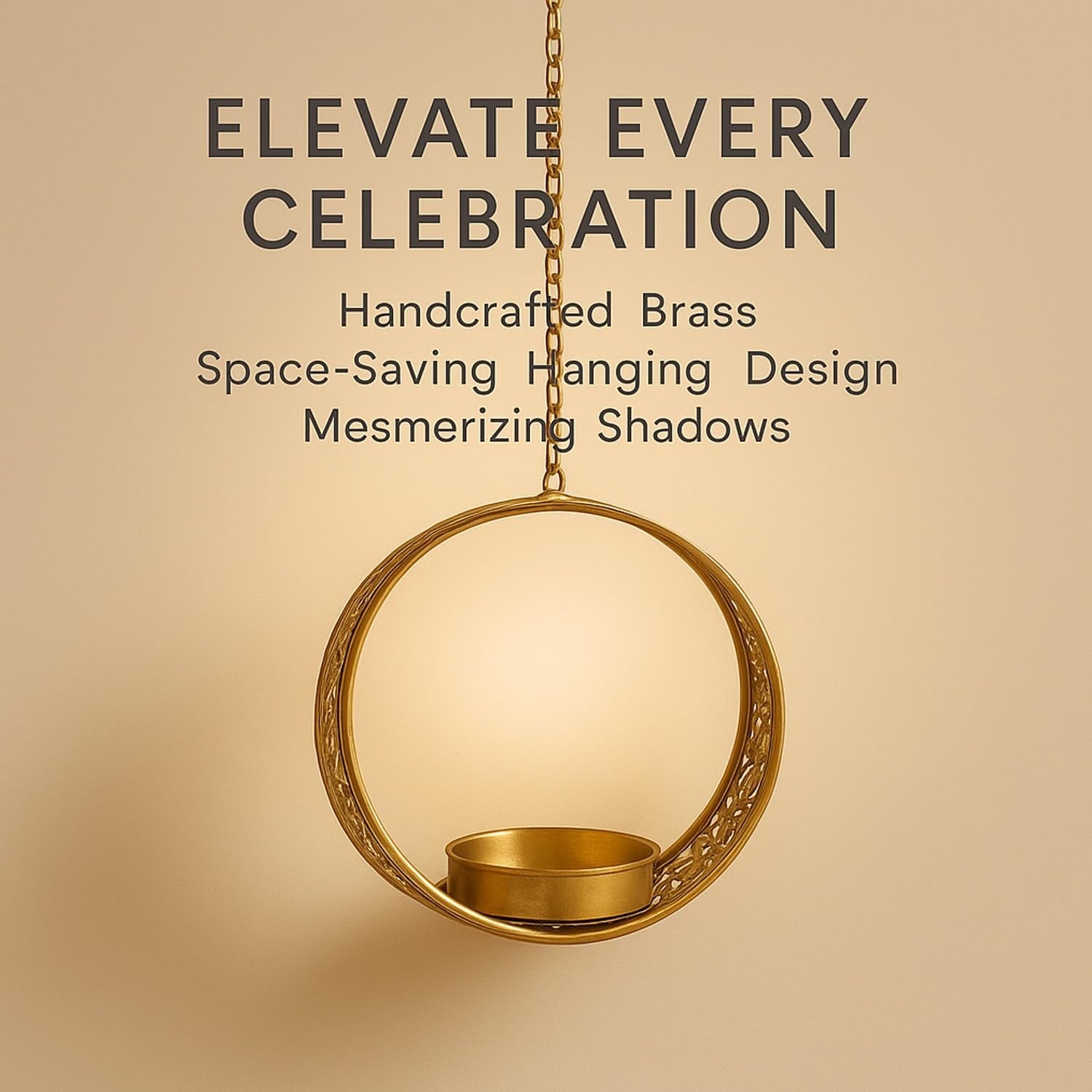 GoHooked matte gold metal hanging tealight candle holder with floral cut design and chain. Set of 2.