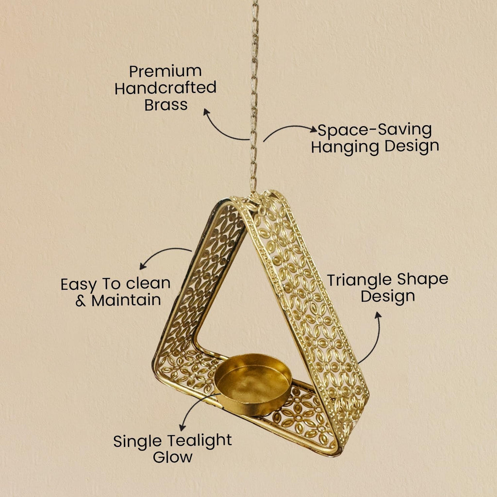 GoHooked matte gold metal hanging triangle tealight candle holder with floral cut design and chain.