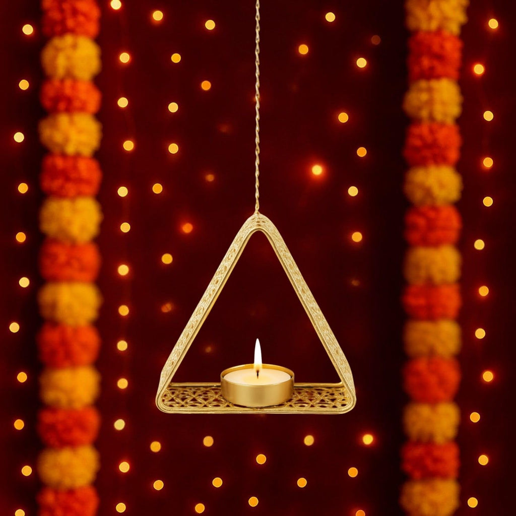 GoHooked matte gold metal hanging triangle tealight candle holder with floral cut design and chain.