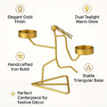 GoHooked matte gold iron figurine tealight holder with dual candle trays and stable triangular base, perfect for festive decor.