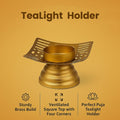 GoHooked matte gold finish metal tealight candle holder with square floral cut design and pedestal base. Perfect for Diwali, pooja, and home decor.