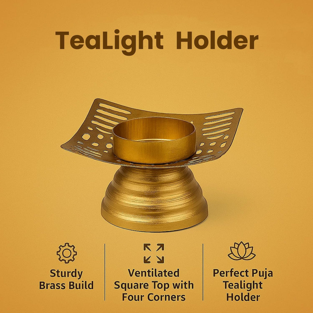 Go Hooked matte gold finish metal tealight candle holder with square floral cut top and pedestal base. Perfect for Diwali decor.